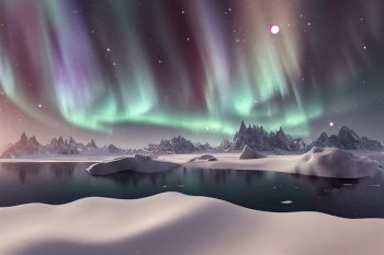 Aurora Borealis on night sky over winter landscape with snow. Aurora Borealis on night sky