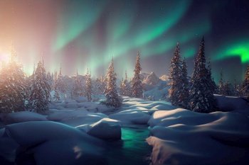 Aurora Borealis on night sky over winter landscape with forest under snow. Aurora Borealis on night sky
