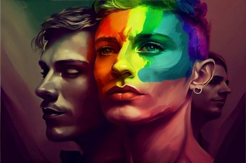 Guy with two faces - white and black and rainbow colored, lgbt concept. Gay pride parade