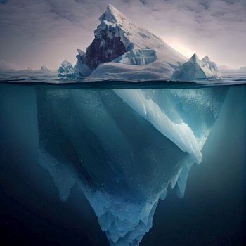 Iceberg floating in sea with hidden underwatter part, global warming or hidden risk concept. Iceberg floating in sea