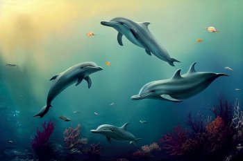 dolphins underwater, seascape background with clear water and sunshine. underwater sea scape