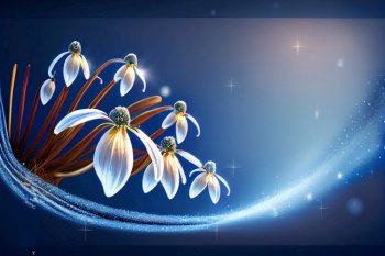 snowdrops spring flowers over blue background with copy space. snowdrops flowers over blue background