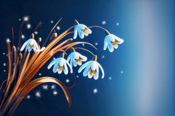 snowdrops flowers over blue background with copy space. snowdrops flowers over blue background