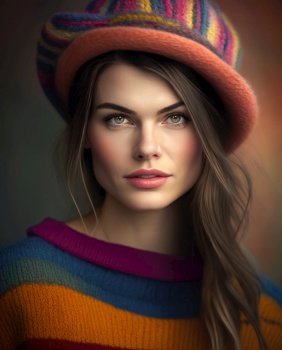Fashionable woman wearing a colorful knitted hat and sweater. The woman’s face is the focal point of the image, with her bright and confident expression drawing the viewer’s attention. Her knitwear ensemble adds a pop of color to the scene, with bold hues of pink, blue, and purple standing out against the neutral background. The intricate knitwork of the hat and sweater adds texture and depth to the image, showcasing the beauty of handmade clothing. The overall effect is one of comfort, warmth, and style, making this image a great choice for fashion or lifestyle content. AI generative illustration