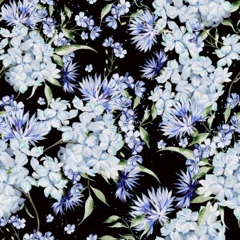 Watercolor seamless pattern with hydrangea flowers and cornflowers. Illustration . Watercolor seamless pattern with hydrangea flowers and cornflowers. 