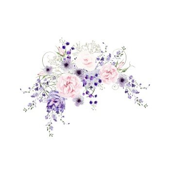 Watercolor wedding wreath with wisteria, roses and wild flowers, green leaves.  Illustration