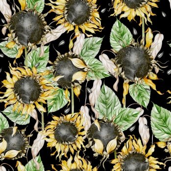 Watercolor seamless pattern with sunflowers and leaves. Illustration. Watercolor seamless pattern with sunflowers and leaves. 