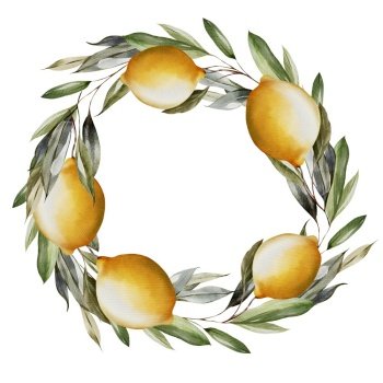 Watercolor wreath with lemon and green leaves. Illustration. Watercolor wreath with lemon and green leaves.