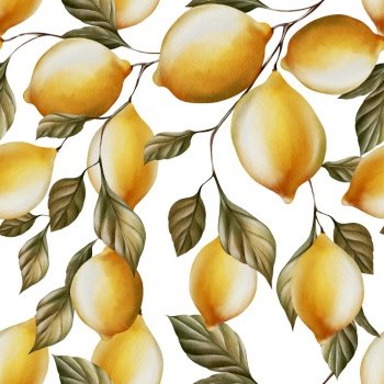 Watercolor seamless pattern with lemons and green olive leaves. Illustration. Watercolor seamless pattern with lemons and green olive leaves.