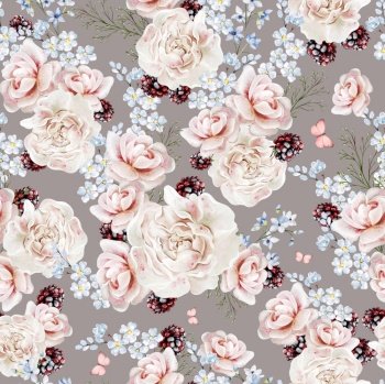 Watercolor tender floral seamless pattern with peony flowers, berries and herbs. Illustration. Watercolor tender floral seamless pattern with peony flowers, berries and herbs.