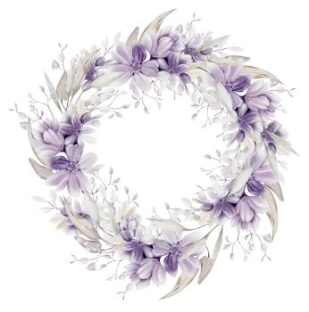 Watercolor wedding wreath with flowers and leaves. Illustration. Watercolor wedding wreath with flowers and leaves. 
