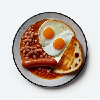 Two Fried Eggs 2 Sausages Canned Beans. Illustration AI Generative 