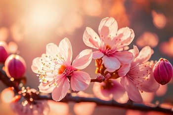 Pink Spring Sakura Natural Background Illustration. AI Generative