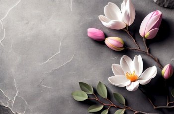Gray Stone Background with Magnolia Flower Illustration AI Generative
