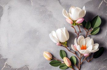 Gray Stone Background with Magnolia Flower Illustration AI Generative