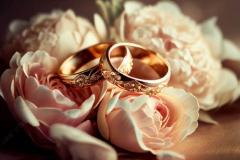 golden sparkling wedding rings with flowers. Illustration AI Generative 
