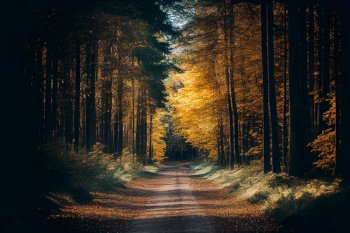 Road through the autumn forest. Illustration AI Generative 
