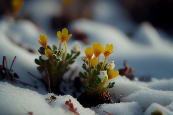 spring flowers in snow. Illustration AI Generative 