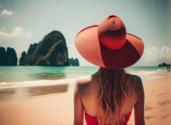 beautiful girl back in red on the beach. Illustration AI Generative 