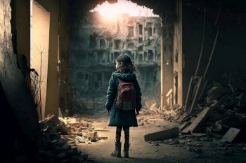 Little girl returning to destroyed ruined home town after war. Illustration Generative AI