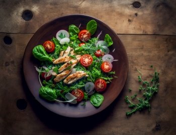 Fresh salad with chicken, tomatoes and mixed greens. Illustration Generative AI