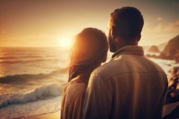 Couple against ocean background. Illustration AI Generative