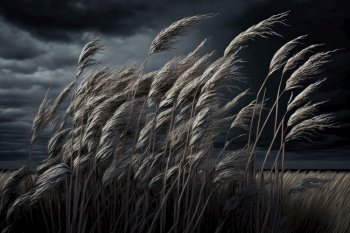 Phragmites in a wind with cloudy sky. Illustration Generative AI