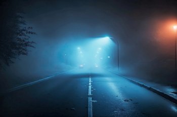 Wet asphalt of the night city, Blue fog, light. Illustrations AI Generative
