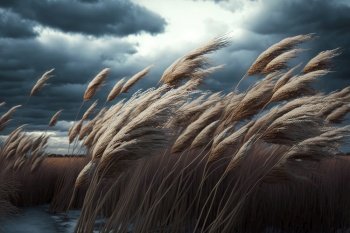 Phragmites in a wind with cloudy sky. Illustration Generative AI