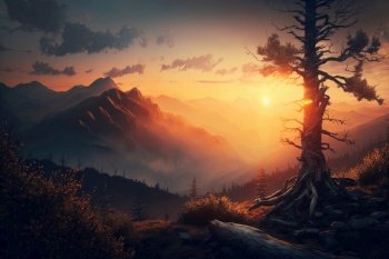 Smoky mountain sunset. Illustration AI Generative