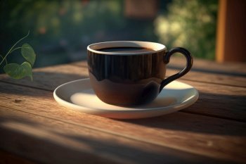 Cup of coffee on wooden background. Illustration AI Generative