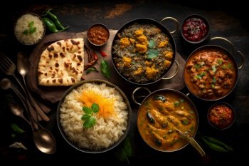 Assorted indian curry and rice dishes. Illustration Generative AI