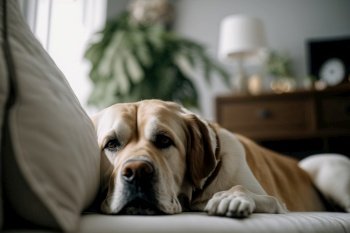 Dog lounging on sofa. Illustration Generative AI