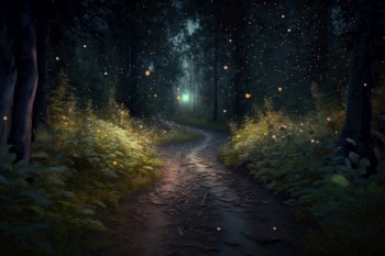 Road in magic forest. Illustration Generative AI