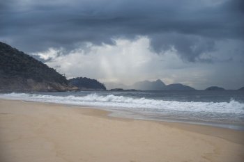 Thunderstorm on Copacabana. The rainy season in Rio de Janeiro. Brazil.