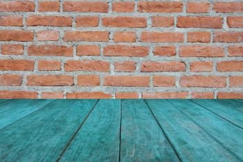 Perspective blue wooden on brick wall, stock photo