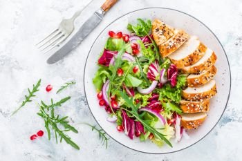 Grilled chicken breast, fillet and fresh vegetable leafy salad with arugula and pomegranate on plate. Grilled chicken breast, fillet and fresh vegetable leafy salad with arugula and pomegranate