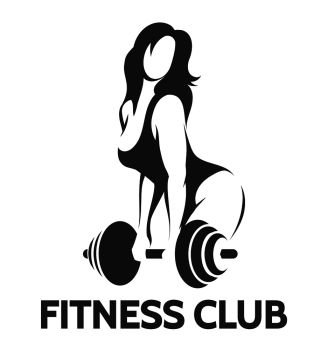Fitness club emblem. Bodybuilder woman holds barbell. Vector illustration.