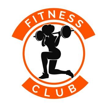 Silhouette of Training Athletic Woman with Barbell. Fitness Club Logo isolated on white. Vector illustration.