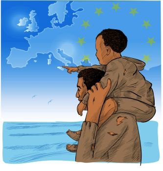 father and son immigrants in front of the European map. vector illustration. father and son immigrants in front of the European map