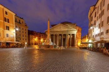 View of the Pantheon in the early morning. Rome. Italy.. Rome. Pantheon in the night illumination.