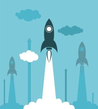 vector group rocket launch illustration as business competition concept