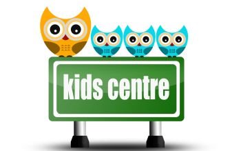 Kid centre road sign with cute owls, 3D rendering