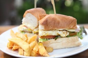 Club sandwich with on wood background