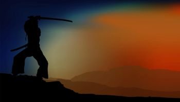 silhouette of a girl in a kimono with a katana sword practicing martial arts on the background of a mountain landscape. girl training with sword shadow