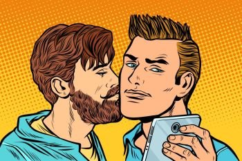 men couple. friendship meeting.  smartphone selfie. Pop art retro vector illustration kitsch vintage drawing. men couple. friendship meeting.  smartphone selfie