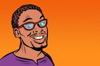 African man smiling. Hipster with glasses. Pop art retro vector illustration kitsch vintage drawing. African man smiling. Hipster with glasses