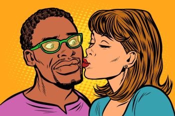 woman kisses a man. multi-ethnic couple. embarrassment. Pop art retro vector illustration kitsch vintage drawing. woman kisses a man. multi-ethnic couple. embarrassment