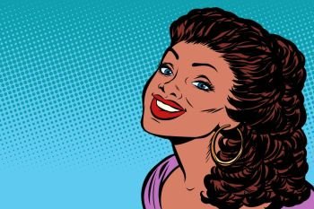 African woman smiling. Pop art retro vector illustration kitsch vintage drawing. African woman smiling