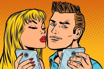 young couple kiss selfie on smartphone. Pop art retro vector illustration kitsch vintage drawing. young couple kiss selfie on smartphone